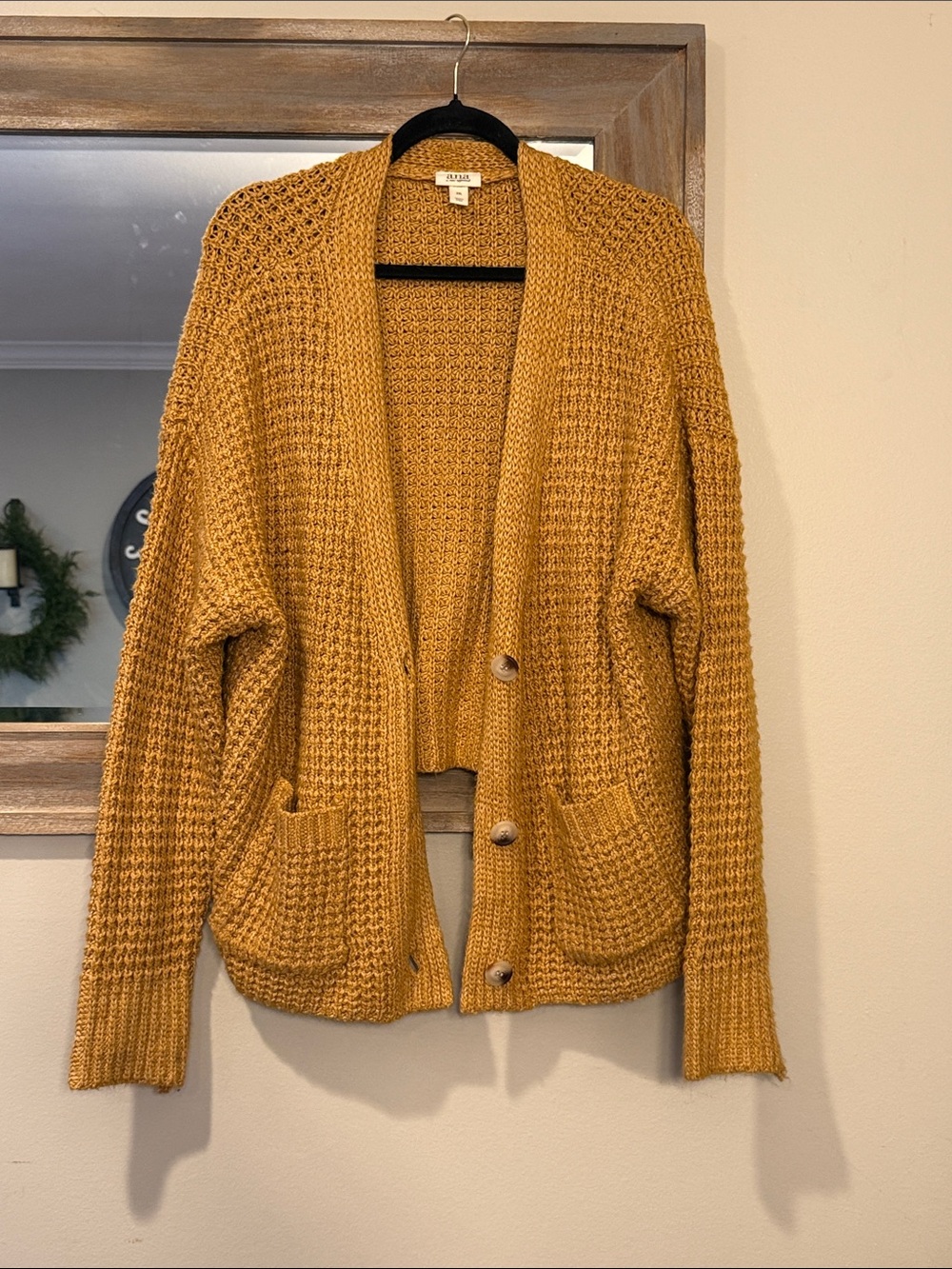 a.n.a Mustard Open-Knit Button Cardigan
